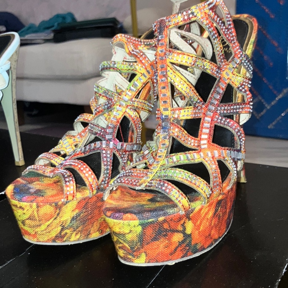 Bold Orange and Red Platform High Heels with Strappy Design